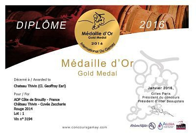 International du Gamay 2016  - Médaille d'or pour notre  cuvée Zaccharie 2014