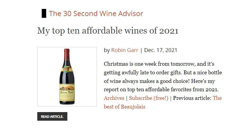 "My top ten affordable wines of 2021" by Robin Garr  -  WINE LOVER PAGE | Dec. 17, 2021 - 2021/12
