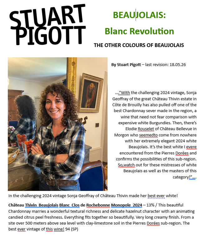 Stuart Pigott : BEAUJOLAIS: Blanc Revolution  - The Other Colours of Beaujolais. - 2026/05